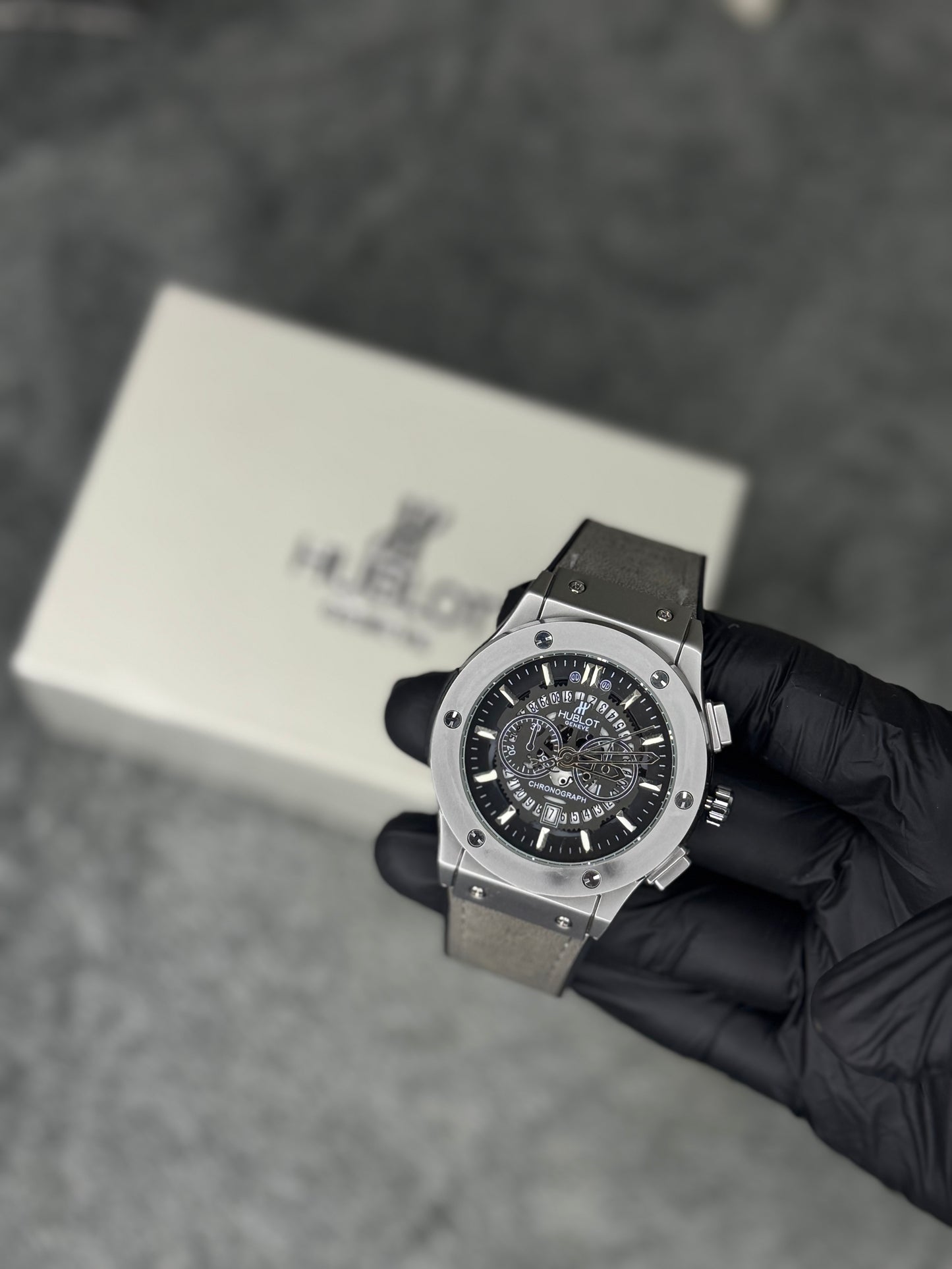HUBLOT ELITE PREMIUM WATCH β HIGH CLASS LUXURY GREY STRAP RUBBER β BLACK SKELETON DIAL