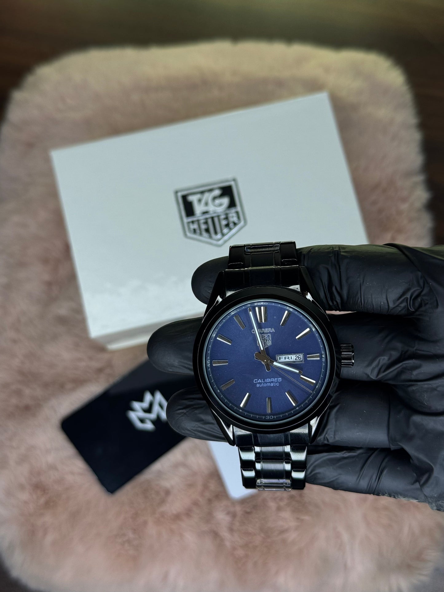 BLACK CHAIN ELITE TAG HEUER DAY‑DATE WATCH PREMIUM QUALITY CALIBRE 5 –