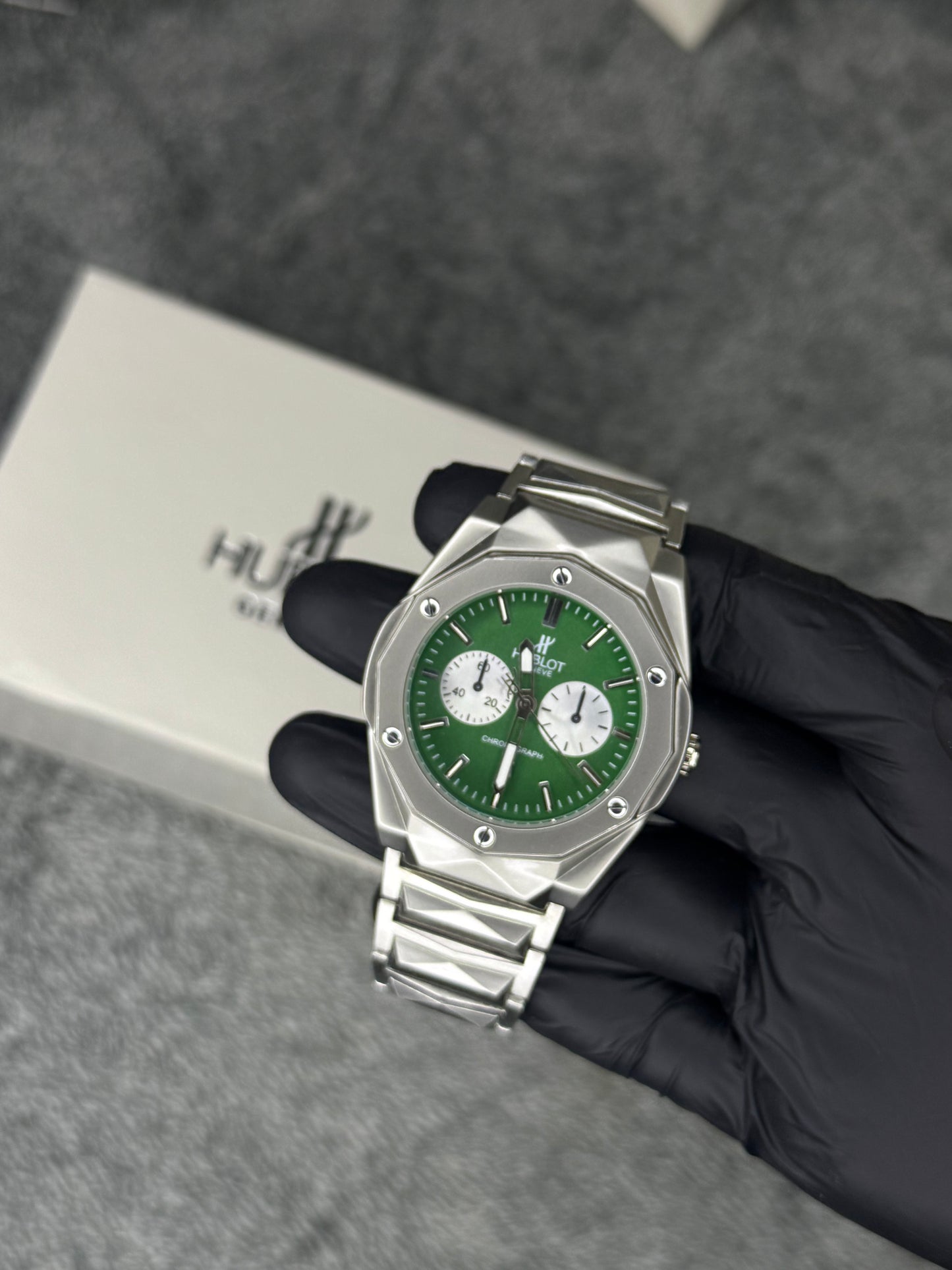 HUBLOT ELITE PREMIUM WATCH – HIGH CLASS LUXURY DIAMOND CUT CHAIN – GREEN DIAL