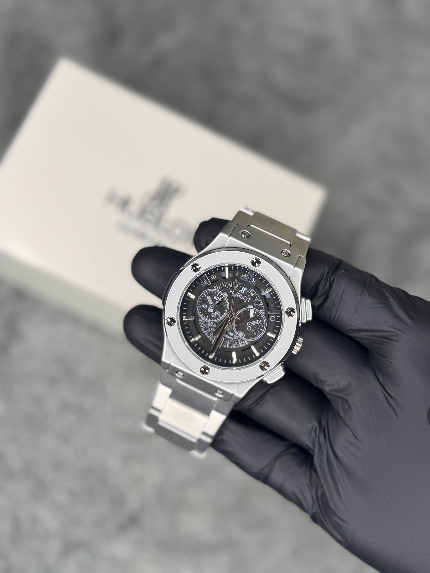 HUBLOT ELITE PREMIUM WATCH – HIGH CLASS LUXURY STAINLESS STEEL – BLACK SKELETON DIAL