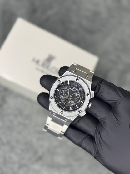 HUBLOT ELITE PREMIUM WATCH – HIGH CLASS LUXURY STAINLESS STEEL – BLACK SKELETON DIAL