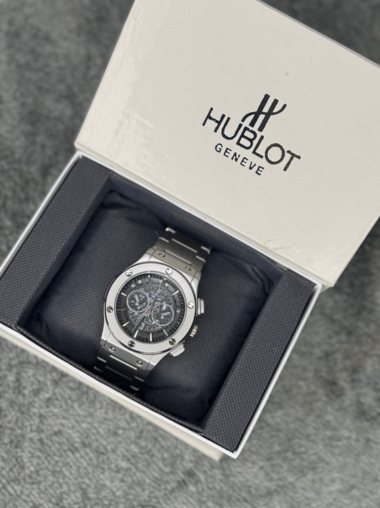 HUBLOT ELITE PREMIUM WATCH – HIGH CLASS LUXURY STAINLESS STEEL – BLACK SKELETON DIAL