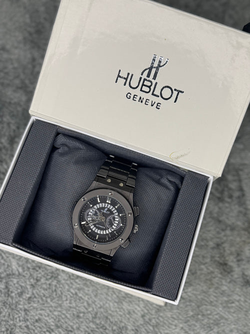 HUBLOT ELITE PREMIUM WATCH – HIGH CLASS LUXURY STAINLESS STEEL – BLACK SKELETON DIAL
