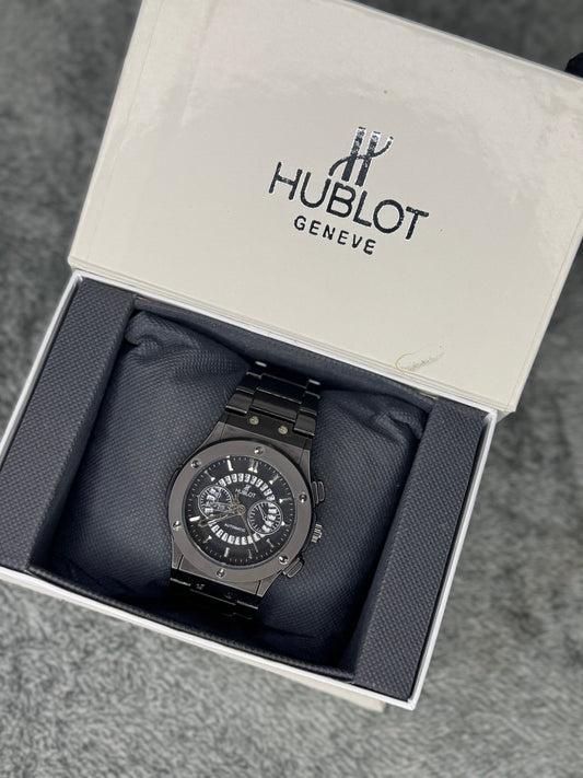 HUBLOT ELITE PREMIUM WATCH – HIGH CLASS LUXURY STAINLESS STEEL – BLACK SKELETON DIAL