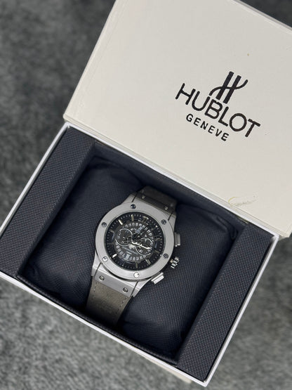 HUBLOT ELITE PREMIUM WATCH – HIGH CLASS LUXURY GREY STRAP RUBBER – BLACK SKELETON DIAL