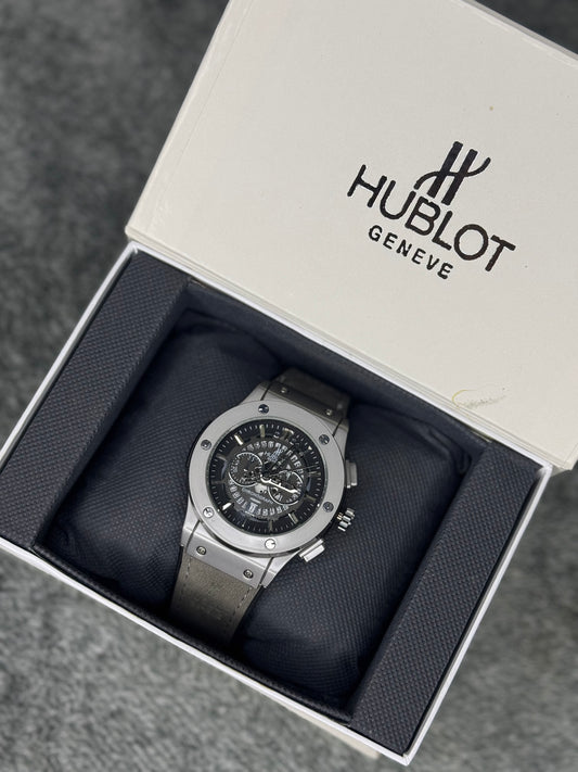 HUBLOT ELITE PREMIUM WATCH – HIGH CLASS LUXURY GREY STRAP RUBBER – BLACK SKELETON DIAL