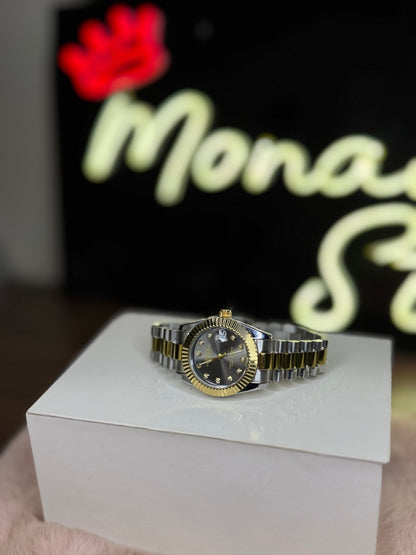 ROLEX OYSTER ELITE PREMIUM WATCH TWO TONE FEMALE  – HIGH CLASS LUXURY BLACK DIAL WITH DATE –