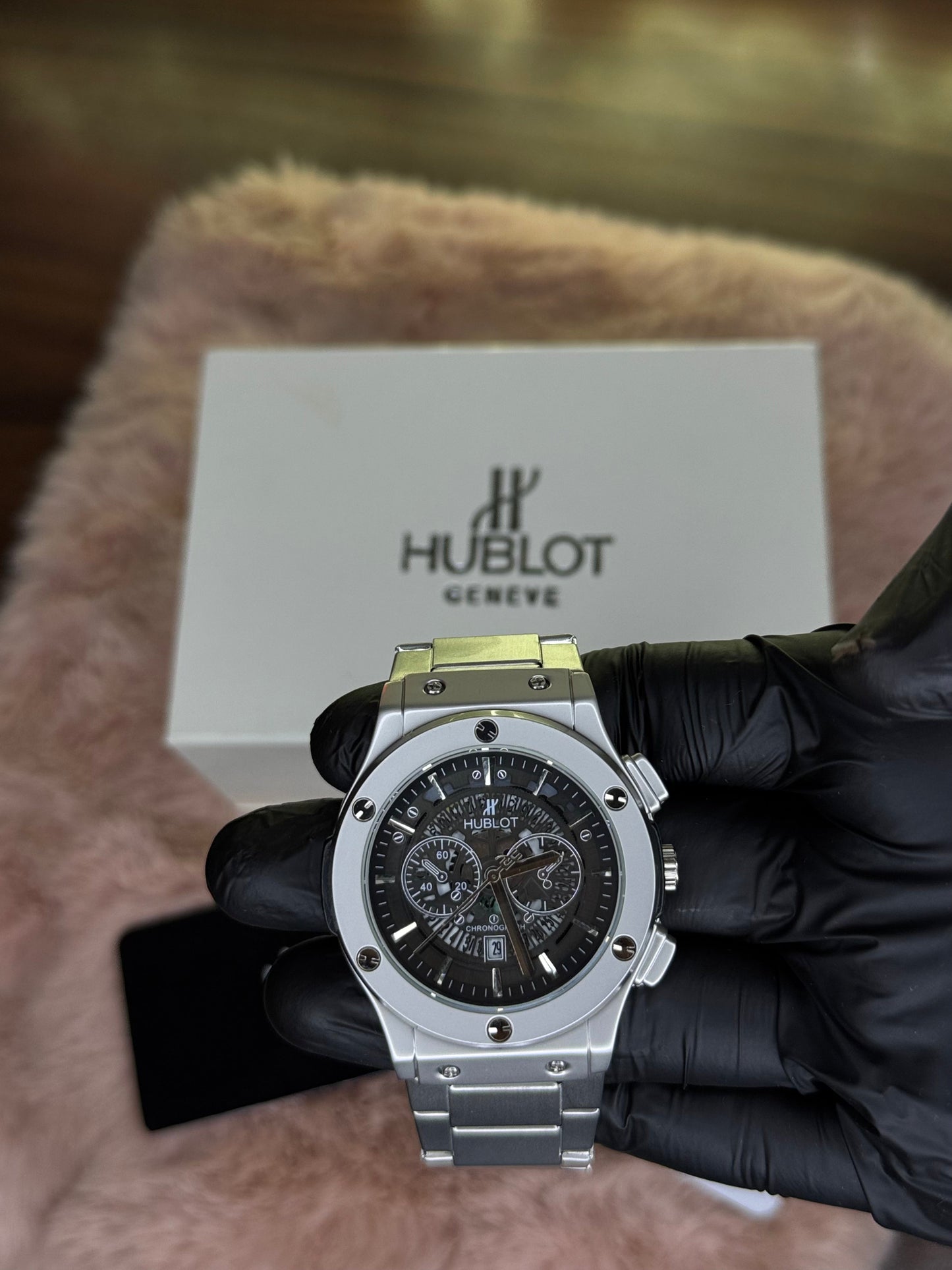 HUBLOT ELITE PREMIUM WATCH – HIGH CLASS LUXURY STAINLESS STEEL – BLACK SKELETON DIAL