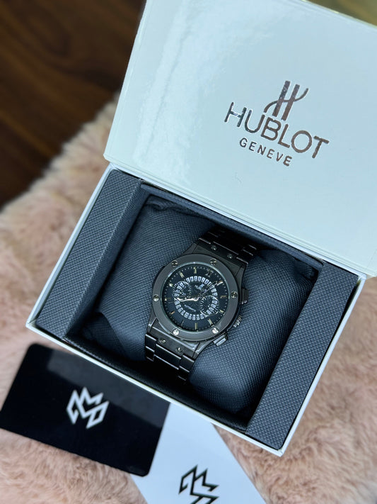 HUBLOT ELITE PREMIUM WATCH – HIGH CLASS LUXURY STAINLESS STEEL – BLACK SKELETON DIAL