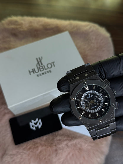 HUBLOT ELITE PREMIUM WATCH – HIGH CLASS LUXURY STAINLESS STEEL – BLACK SKELETON DIAL
