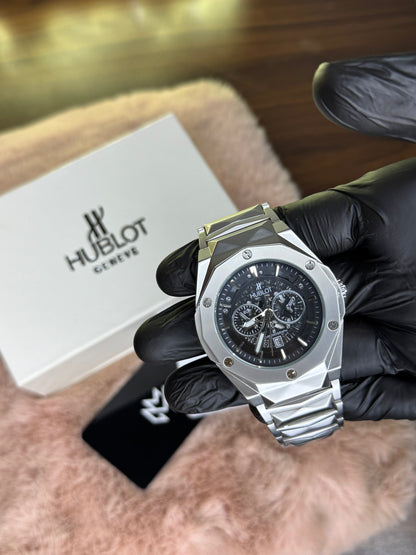 HUBLOT ELITE PREMIUM WATCH – HIGH CLASS LUXURY STAINLESS STEEL CHAIN – BLACK SKELETON DIAL