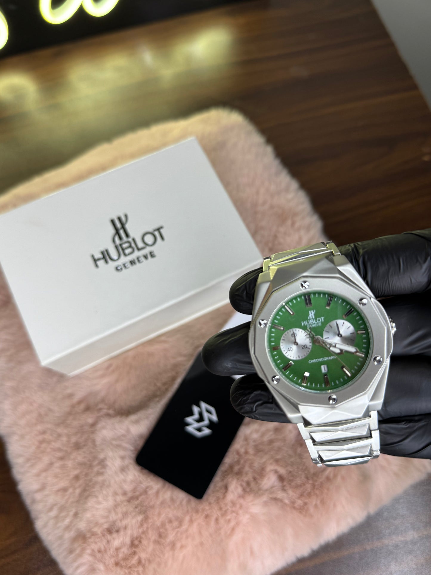 HUBLOT ELITE PREMIUM WATCH – HIGH CLASS LUXURY DIAMOND CUT CHAIN – GREEN DIAL