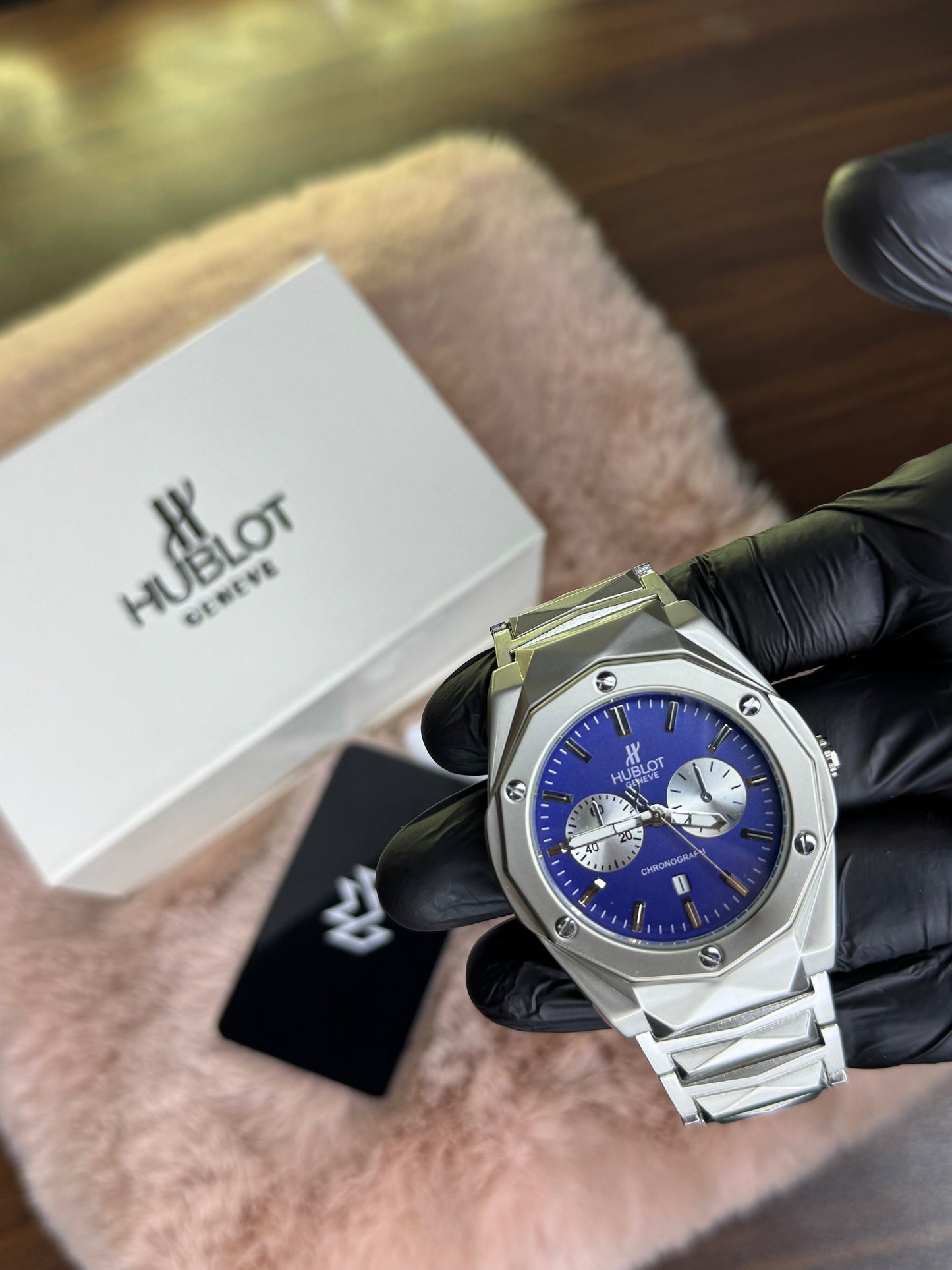 HUBLOT ELITE PREMIUM WATCH – HIGH CLASS LUXURY DIAMOND CUT CHAIN – BLUE DIAL