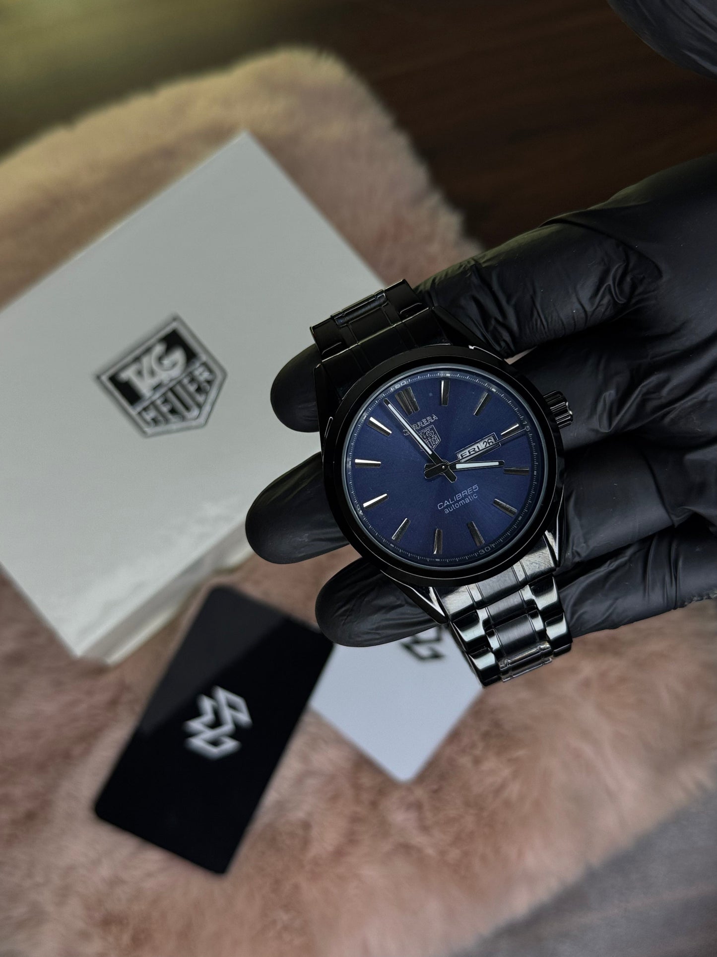 BLACK CHAIN ELITE TAG HEUER DAY‑DATE WATCH PREMIUM QUALITY CALIBRE 5 –